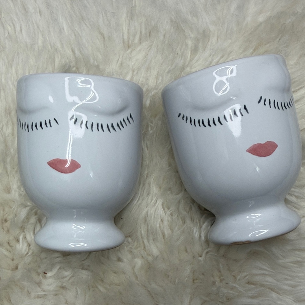Set of 2 White mini Ceramic Face Planters for small trailing plants